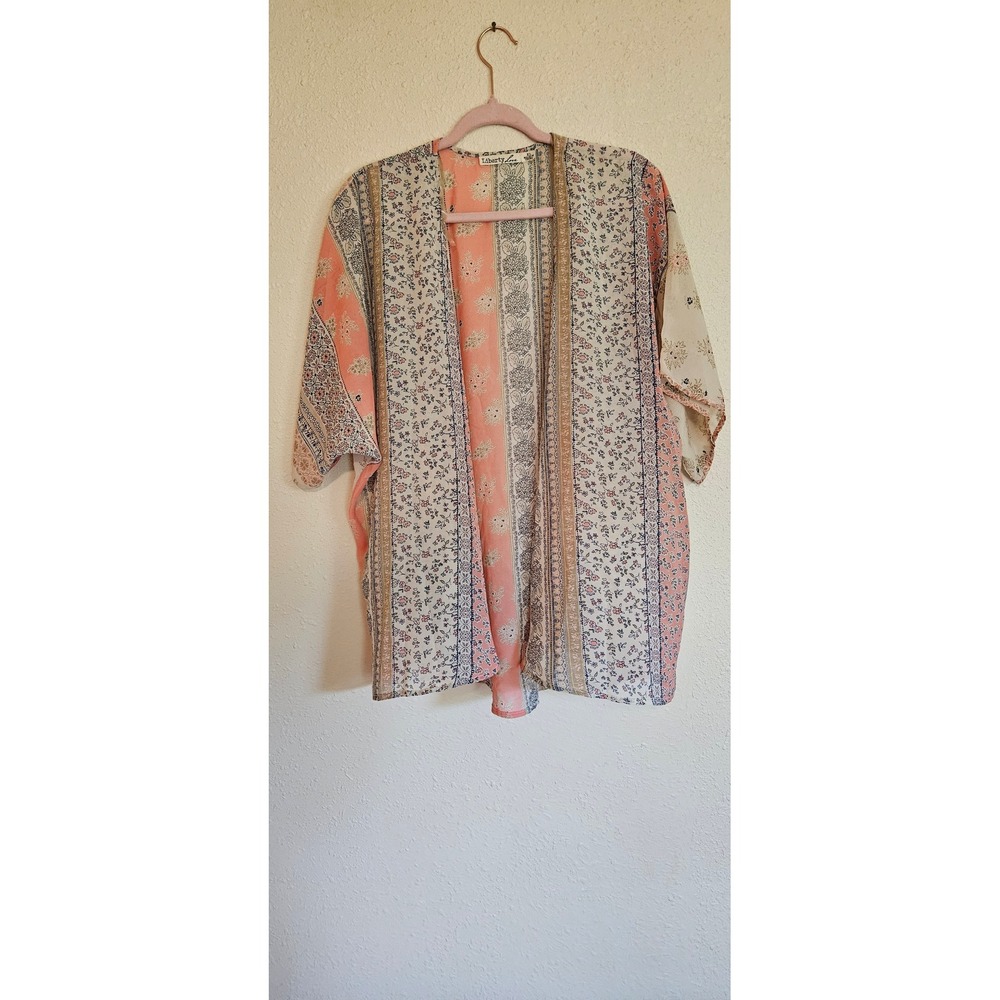 Liberty Love Womens XL Peach Floral Patchwork Print Open Front Kimono Cardigan